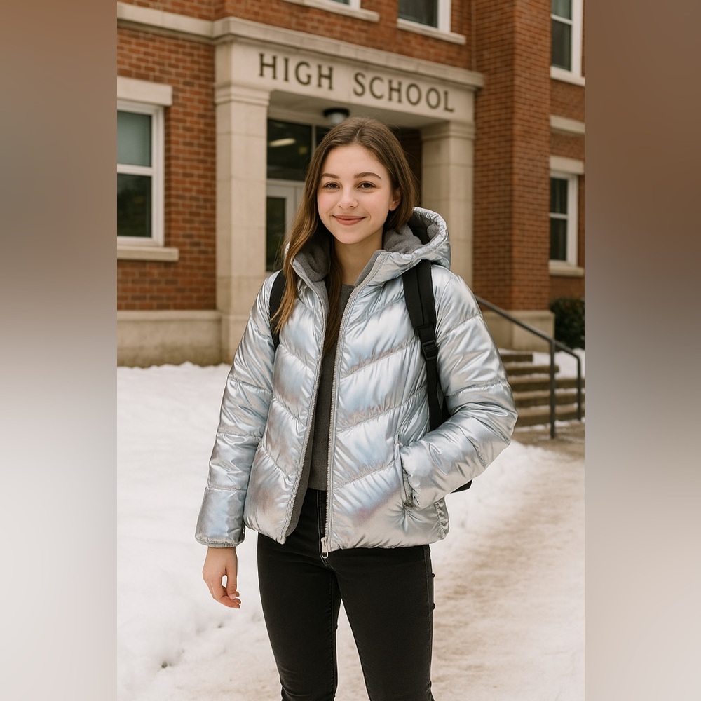 Silver Puffer Jacket with Hood